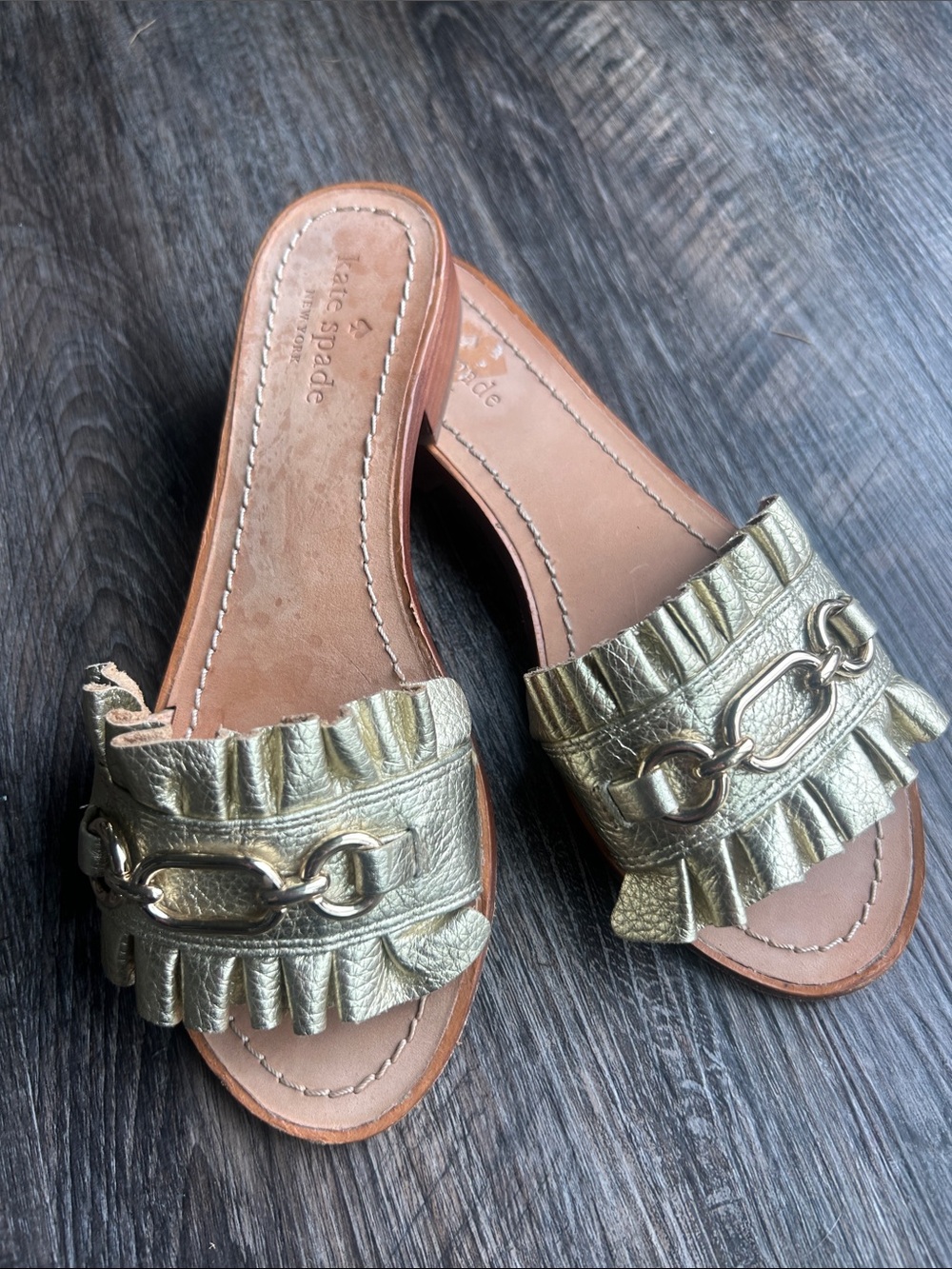 kate spade Metallic Gold Leather Fringe Slide Mules